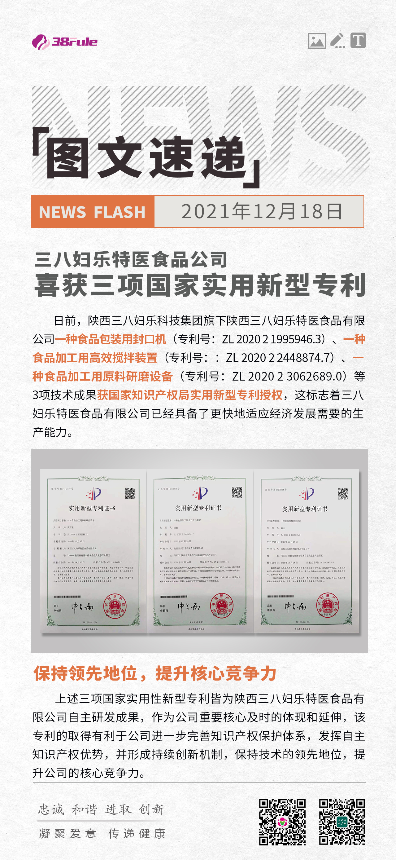 三八婦樂特醫(yī)食品公司喜獲三項國家實用新型專利